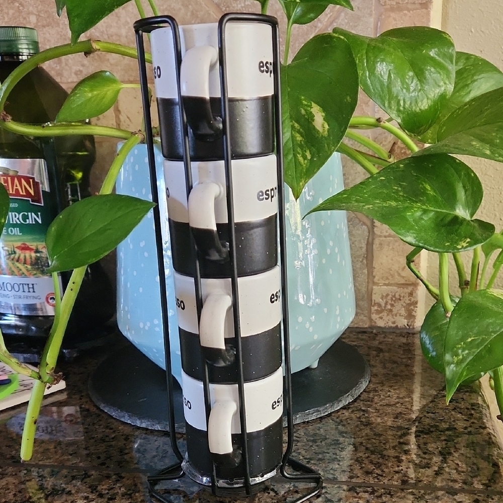 Set of four stackable ceramic espresso cups held in a black metal tower rack-NEW - Picture 2 of 5